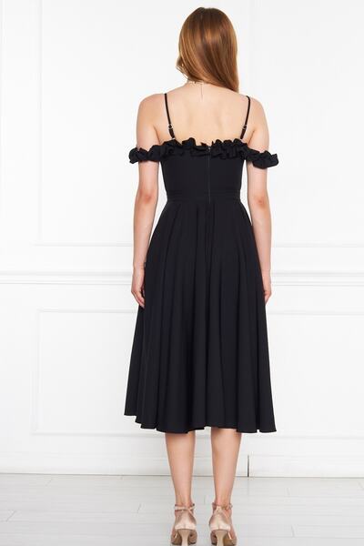 lovebox Atlas Fabric Nastavitelný popruh Volán Detailní límec Skládaný večerní černé Midi šaty 421