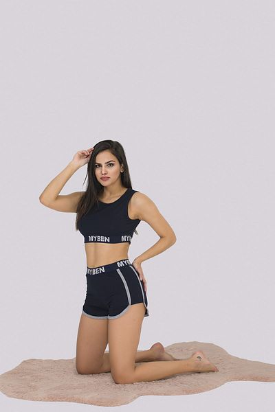 MyBen Navy Blue Colored Women's Pajama Set with Sports Shorts S369