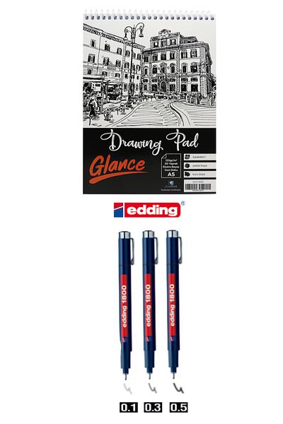 GLANCE Sketchbook A5 120 gr 50 Sheets, Edding Technical Drawing Pen Set