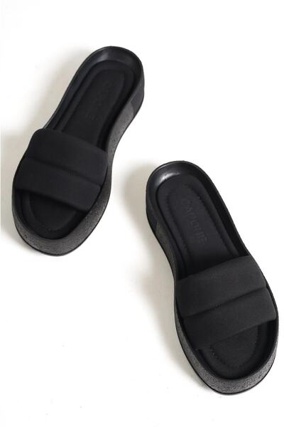 Capone Outfitters Capone Quilted Banded Colorful Detailed Wedge Heel Matte Satin Black Women's Slippers