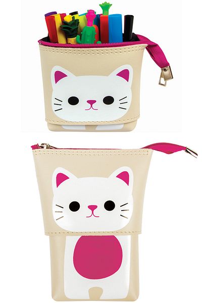 FLY COLOR Cute Cat Patterned Adjustable Size Leather Pen Holder Beige