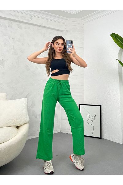 Ozy Fashion High Waist, Elastic Waist, Pocketed Flared Linen Wide Leg Summer Light Emerald Trousers