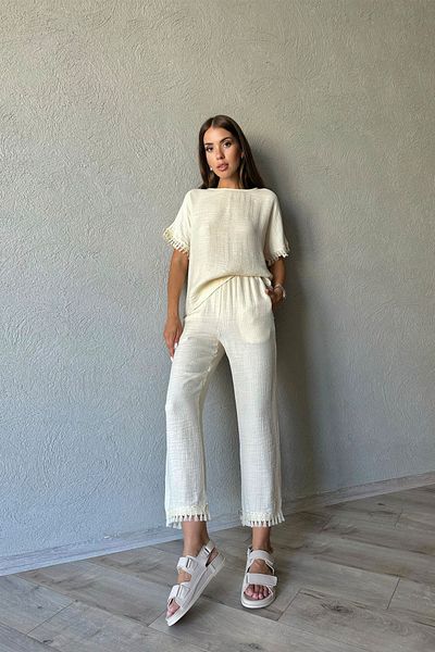 Seda Yalçın Atelier Beige Tassel Detailed Blouse and Trousers Set