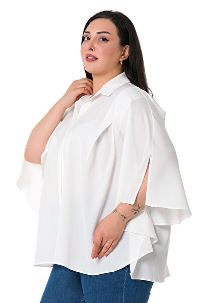 DISENTIS MODEST Plus Size White Shirt with Cloak Sleeves and Hidden Placket and Pleat Detail