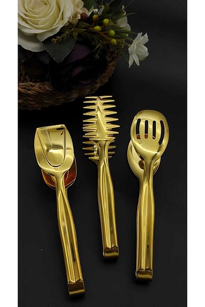 BRONDOFF 3 Piece 24K Gold Plated Tongs Set (Dishwasher Washable)