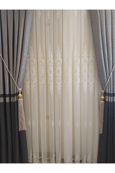 ÖzenEvim Set of 2 Cornice Background Curtains and Chickpea Tufted Ceiling Brackets