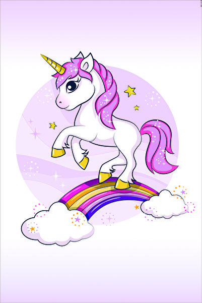 on the clouds Unicorn ve Gökkuşağı Desenli Dijital Baskılı Yıkanabilir Kaymaz Taban Çocuk Odası Halısı