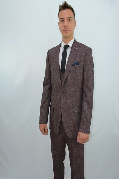 Presto Men's Slimfit Suit with Vest 6 Drop Claret Red-777-800