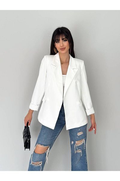 han fashion Zweireihiger Kragen, knopflose Tasche, gefütterte Blazerjacke mit faltbaren Ärmeln