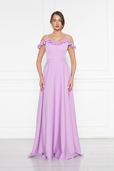 NO48 فستان سهرة طويل بتفاصيل رقبة مكشكشة أرجوانية وأشرطة قابلة للتعديل من الق...