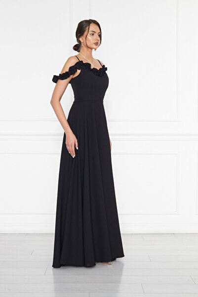 NO48 Rochie de seară maxi evazată din țesătură țesătă cu bretele reglabile cu decolteu cu volan negru