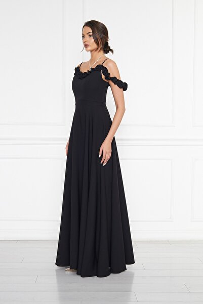 NO48 Rochie de seară maxi evazată din țesătură țesătă cu bretele reglabile cu decolteu cu volan negru