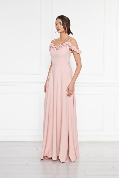 NO48 Pudra Fırfır Yaka Detay Ayarlanabilir Askılı Dokuma Kumaş Maxi Kloş Abiye Elbise