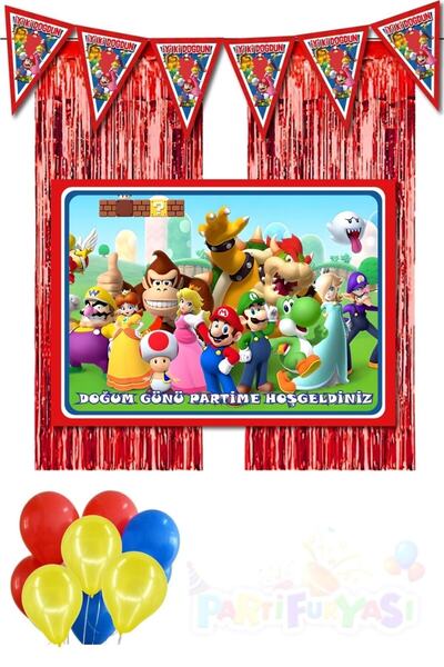 Süper Mario Lüks 50x70 CM Afişli Doğum Günü süsleri seti +Süper Mario parti malzemeleri