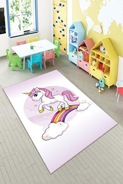 on the clouds Unicorn ve Gökkuşağı Desenli Dijital Baskılı Yıkanabilir Kaymaz Taban Çocuk Odası Halısı