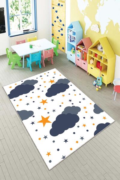 on the clouds Bulut Yıldız Desenli Dijital Baskılı Yıkanabilir Kaymaz Taban Ç...