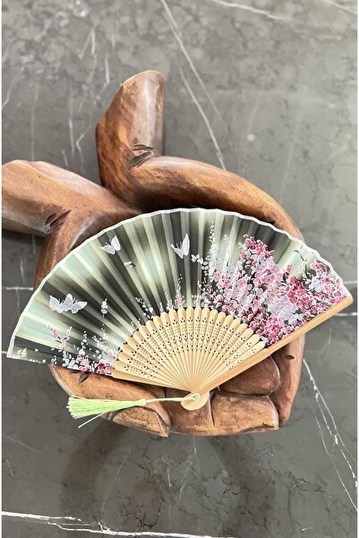 Miamantra Bambu İpek Şık Japon Yelpaze - Yeşil Pembe Çiçekli