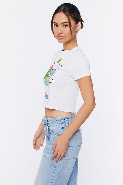 Jose Clothing Λευκό εμπριμέ γυναικείο Crop Top - Κοντό μανίκι, μπλούζα που εφαρμόζει στο σώμα