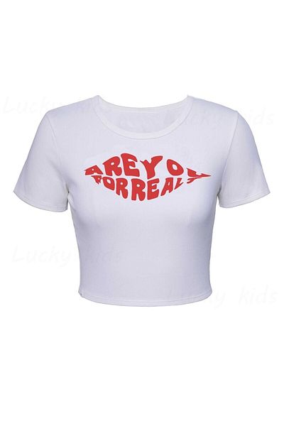 Jose Clothing Λευκό εμπριμέ γυναικείο Crop Top - Κοντό μανίκι, μπλούζα που εφαρμόζει στο σώμα