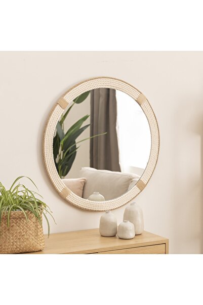 DFN WOOD Beyaz Halatlı 100 Cm Çap Yuvarlak Dekoratif Duvar Salon Banyo Aynası