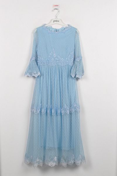 incity Girl's Guipure Detailed Baby Blue Long Dress