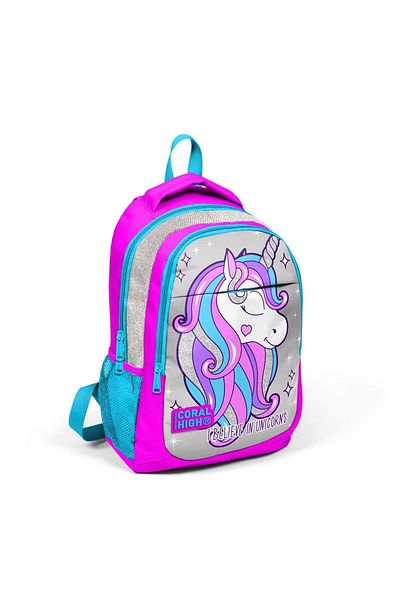 Coral High Set de 3 genți de școală USB cu sclipici roz argintiu cu model unicorn - SET 0123412