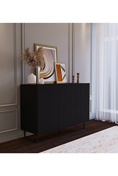 subahome Şık Tasarımlı Demir Ayaklı 120 Cm'lik Siyah 3 Kapaklı Çok Amaçlı Mdf Konsol