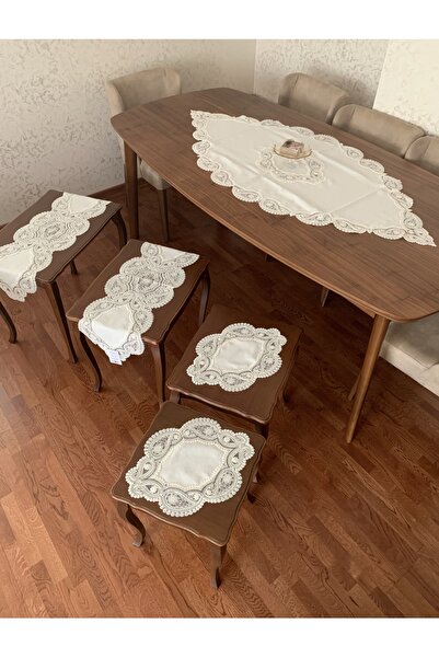 Etz Home Bellisima 5 Parça Salon Takımı Masa Örtüsü Runner Seti Keten Kumaş L...