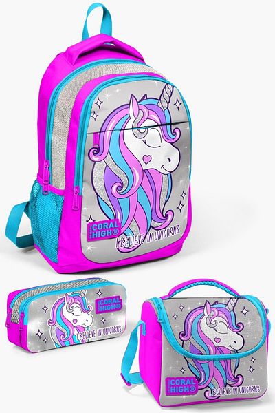 Coral High Set de geanți de școală pentru copii, roz argintiu, cu model de unicorn, 3 piese SET0114383