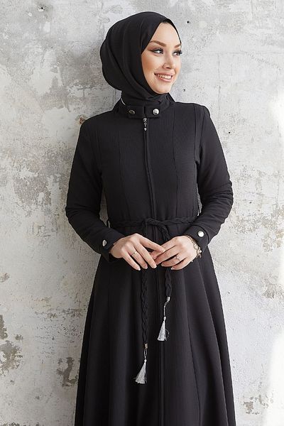 InStyle Sivya Collar Button Belt Knitted Abaya - Black