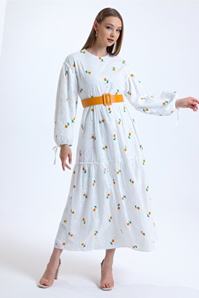 MD trend Women's Orange Belted Crew Neck Floral Embroidered Balloon Sleeve Lined Long Brode Dress