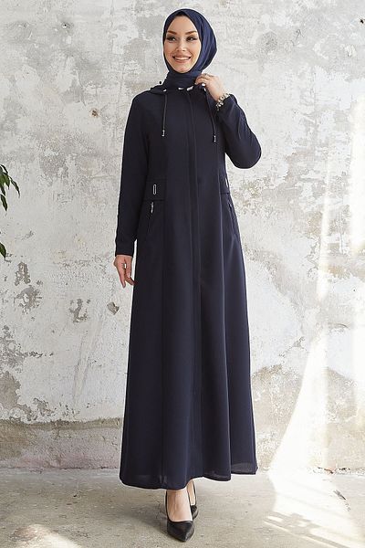 InStyle Elena Taillen-Detaillierte Kapuzen-Abaya – Marineblau