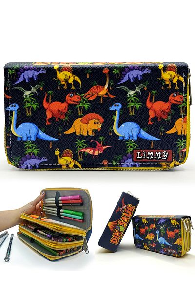 Limmy Μολυβοθήκη Dinosaur Dinosaur Pattern Kawai Organizer Vegan Δερμάτινη θήκη για στυλό τριών θέσεων - Κίτρινο
