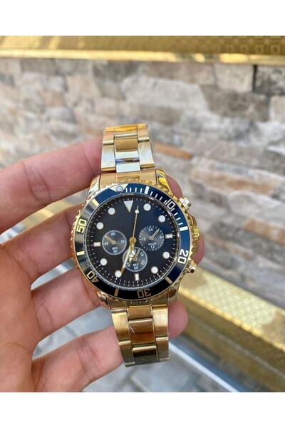 ÇENÇEN Gold Kordon Mavi Kadran Çelik Analog Takvimli Erkek Kol Saati
