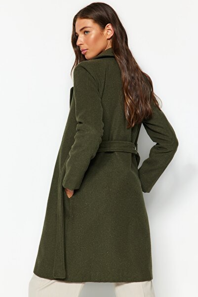 Trendyol Collection Długi wełniany płaszcz w kolorze khaki z paskiem TWOAW20KB0033