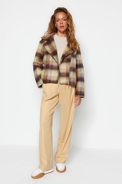 Trendyol Collection Multicolored Plaid Patterned Feather Stamp Coat TWOAW24KB00073