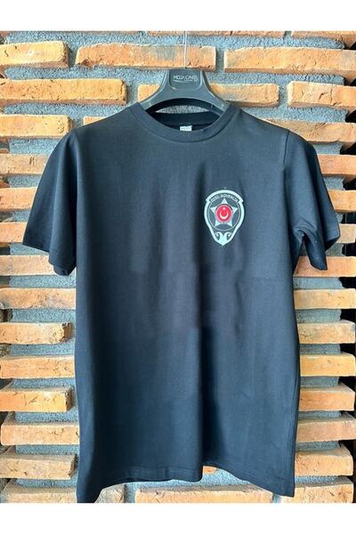 ModaCanel Black Crew Neck Special Security Printed Tshirt Short Sleeve Chest ...