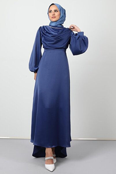 Giza Giyim Kuyruklu Degaje Elbise Gece Mavi