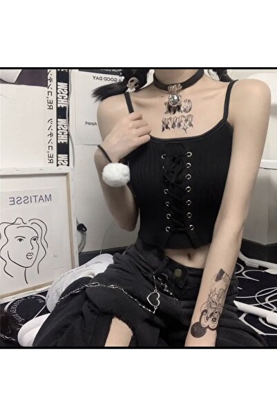 Köstebek Μαύρο γοτθικό μπλουζάκι με κορδόνια με ματιές