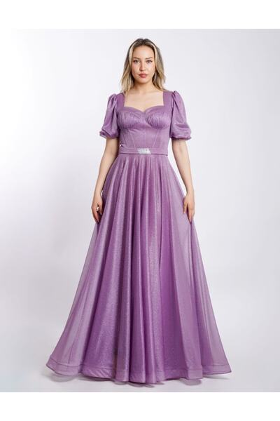 N.Y.YILDIZ Rochie de seară lungă din tul, cu mâneci cu jumătate de balon, cu ...