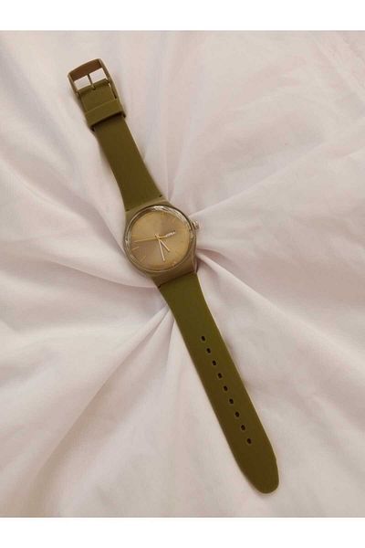 QUARTZ Clock Round Case Silicone Cord Unisex Wrist Watch with Calendar Khaki 0001