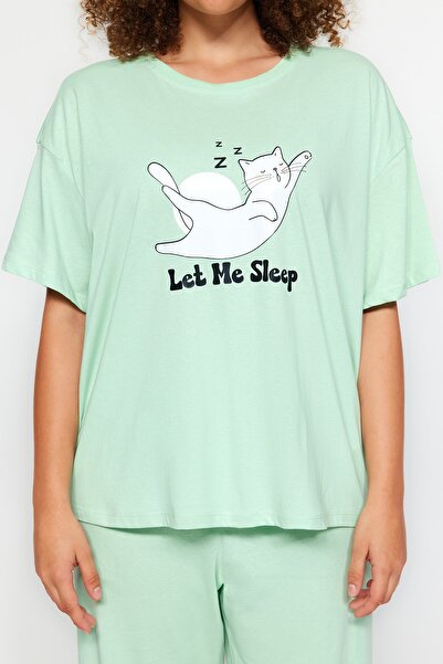 Trendyol Curve Menta nyomott kötött pizsama készlet TBBAW24AI00003