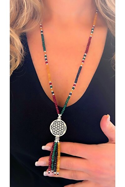 splashtakı Akik Yeşim Sitrin Lal Taşlı 925 Ayar Gümüş Kolye Yaşam Çiçeği Koly...