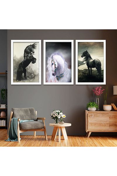 Zevahir Mobilya Dekorasyon Pictură cu cadrul din lemn alb Animal Kingdom Horse