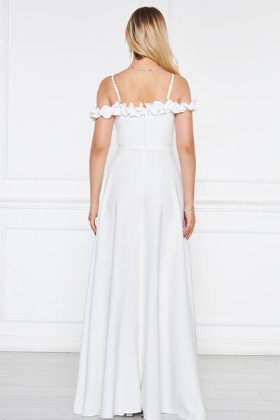 lovebox Atlas szövet állítható pántos fodros részletes gallérral redőzött kiszélesedő maxi fehér estélyi ruha 421