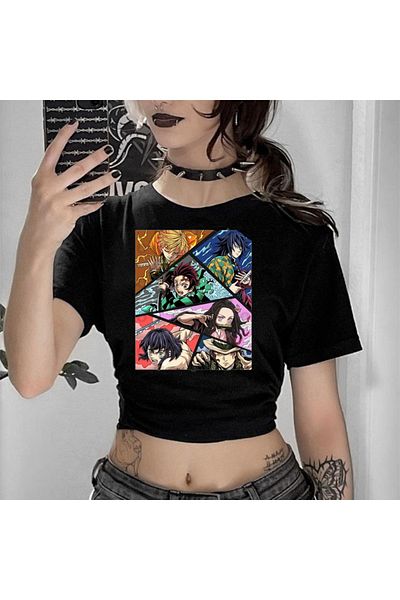 Touz Eyl Anime Deoman Slayer Collage Printed Black Crop