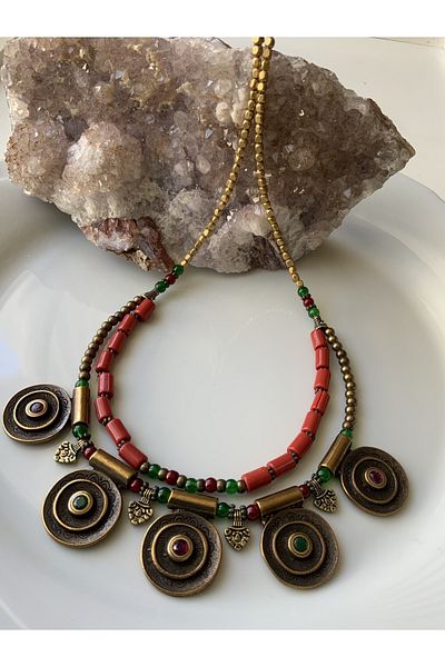 azra takı tasarım Handmade Coral; authentic, Bohemian, Ethnic Short, red, green, antique, Women's, necklace