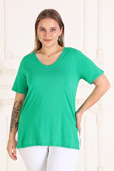 Seamoda V-Neck Slit Oversize Large Size Women's Basic T-shirt-green