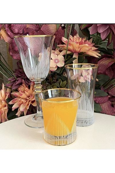 Paşabahçe Gold Striped Crystal 18 Piece Tableware Set Water Cup Set