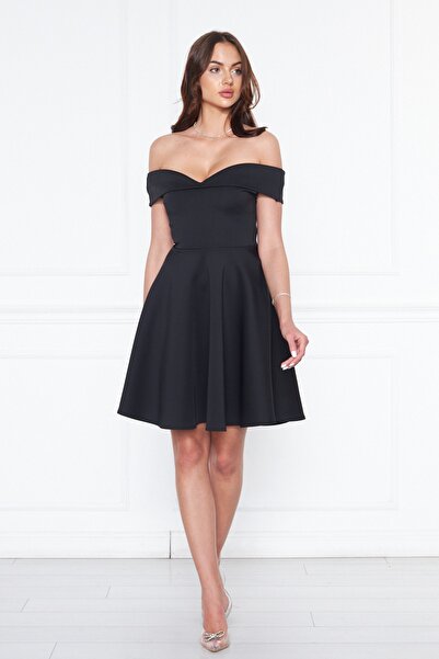 NO48 Mini rochie evazată cu guler negru cu inimă, fără umăr, din țesătură scuba flexibilă